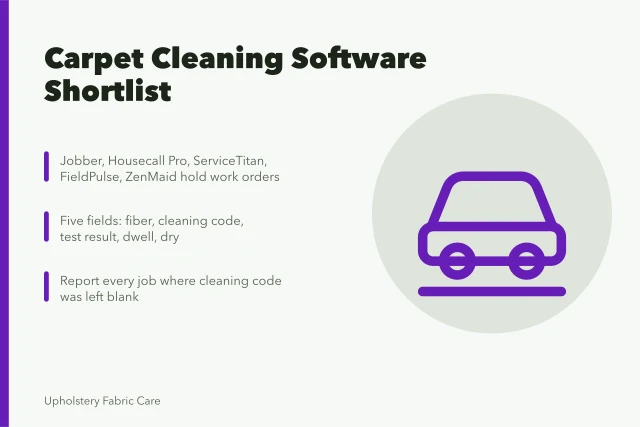 Carpet cleaning software shortlist card with five job data fields. Carpet cleaning software: a reviewed shortlist