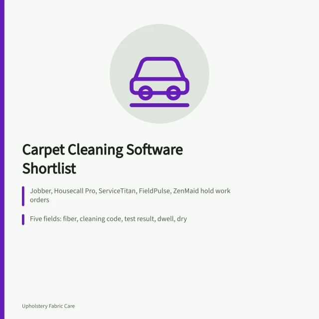 Carpet cleaning software shortlist card with five job data fields. Carpet cleaning software: a reviewed shortlist