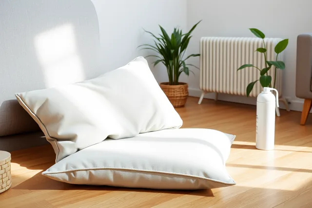 Upholstery protector spray can misting a gray fabric sofa cushion. Best Upholstery Protector Sprays for Pet Owners