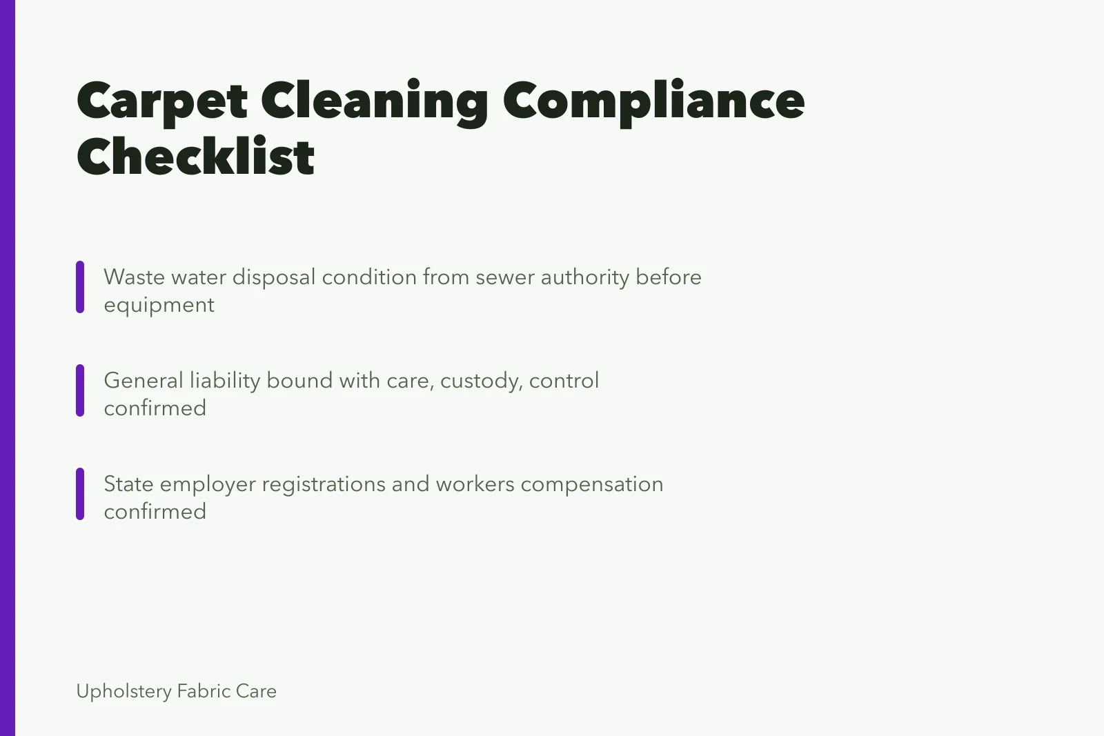 Checklist for carpet cleaning business compliance before first job. Carpet cleaning sign-offs: the checks to close before your first job
