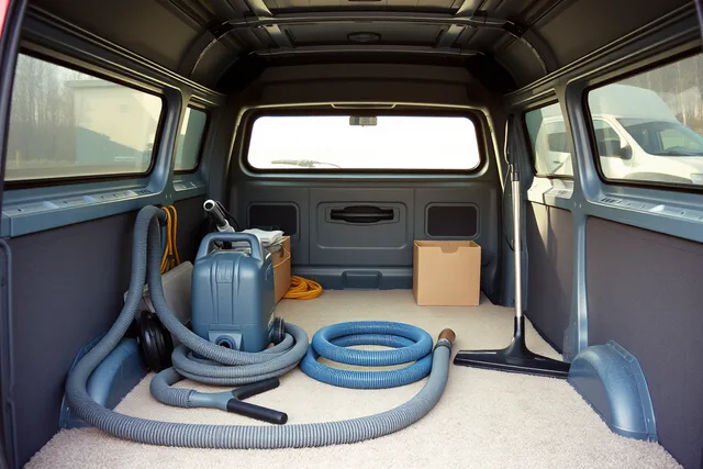 Carpet cleaning equipment in a van, including machine, hoses, wand, and vacuum. Kitting out a new carpet cleaning business