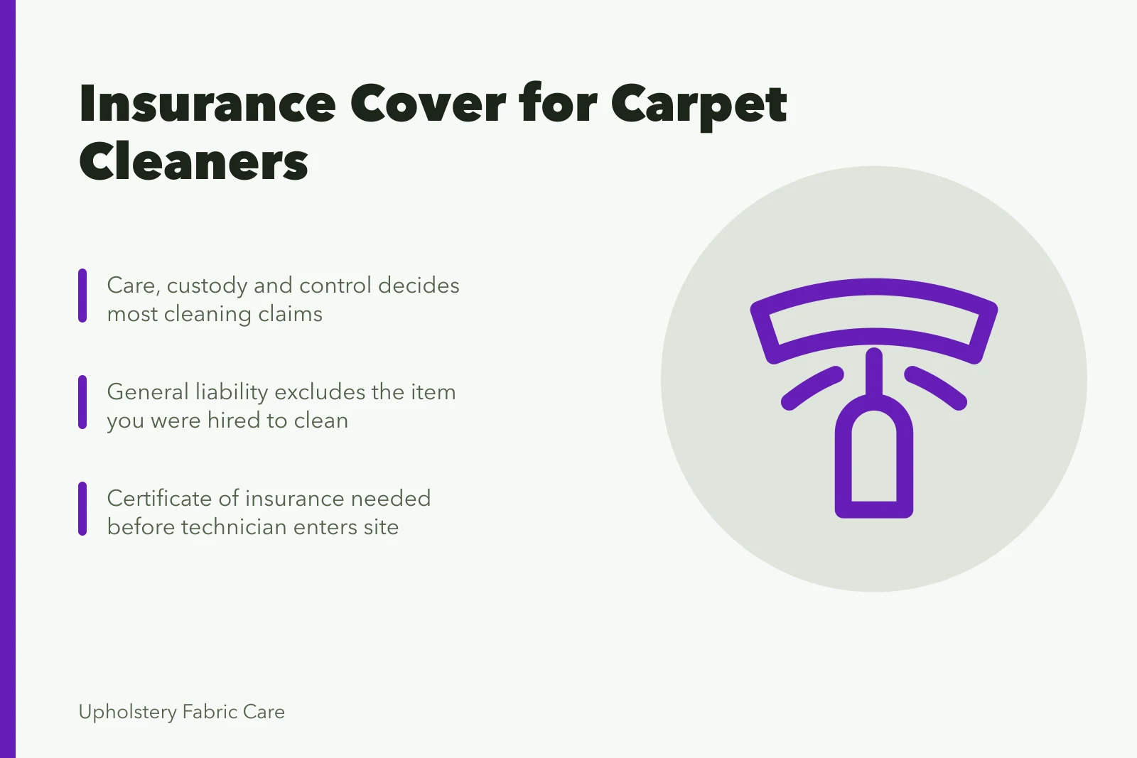 Card explaining carpet cleaning insurance clauses and certificates. Carpet cleaning insurance costs and the cover behind them for new owners