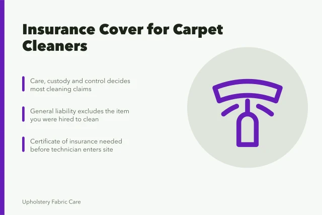 Card explaining carpet cleaning insurance clauses and certificates. Carpet cleaning insurance costs and the cover behind them for new owners