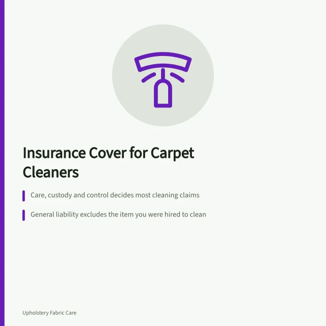 Card explaining carpet cleaning insurance clauses and certificates. Carpet cleaning insurance costs and the cover behind them for new owners