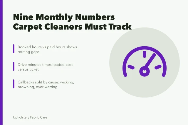 Card listing nine monthly carpet cleaning business numbers to track. The monthly numbers a carpet cleaning business owner should watch for 2027