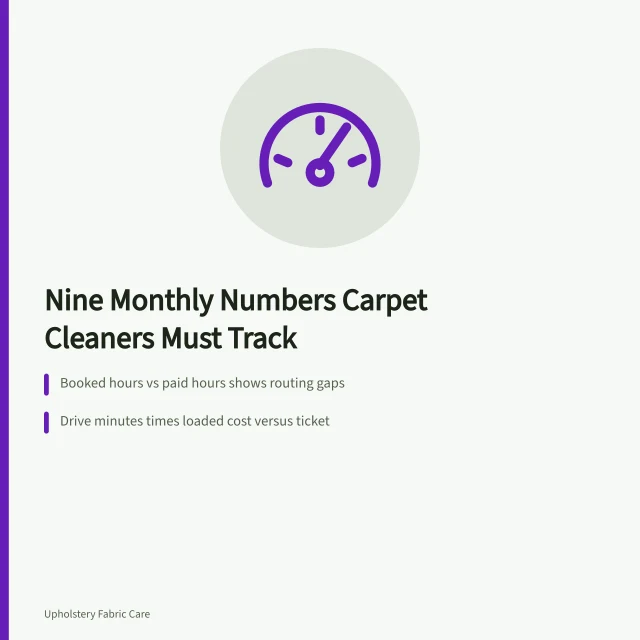 Card listing nine monthly carpet cleaning business numbers to track. The monthly numbers a carpet cleaning business owner should watch for 2027