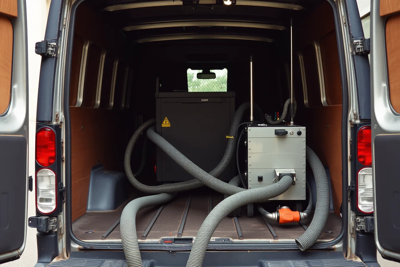 Truck-mount carpet cleaning machine in van with hoses at building entrance. How a carpet cleaning business finds customers