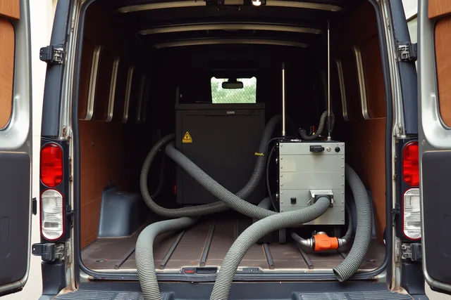 Truck-mount carpet cleaning machine in van with hoses at building entrance. How a carpet cleaning business finds customers