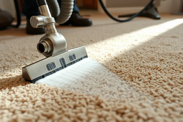 Truck-mount carpet cleaning wand extracting a wet carpet, leaving a clean stripe. How work flows through a carpet cleaning business in 2027
