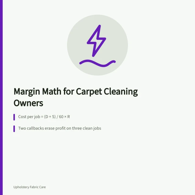 Card showing carpet cleaning margin math: drive time, drying, callbacks. The margin math behind a carpet cleaning business for new owners