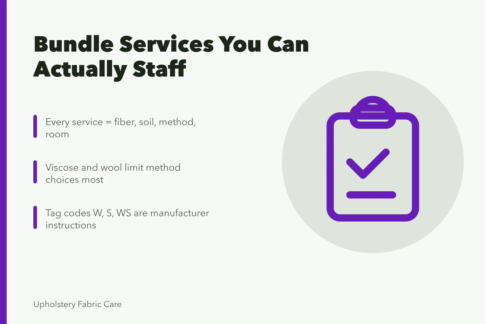 Card listing fiber, soil, method and room as the four facts of a cleaning service. How to bundle carpet cleaning services for first-year owners