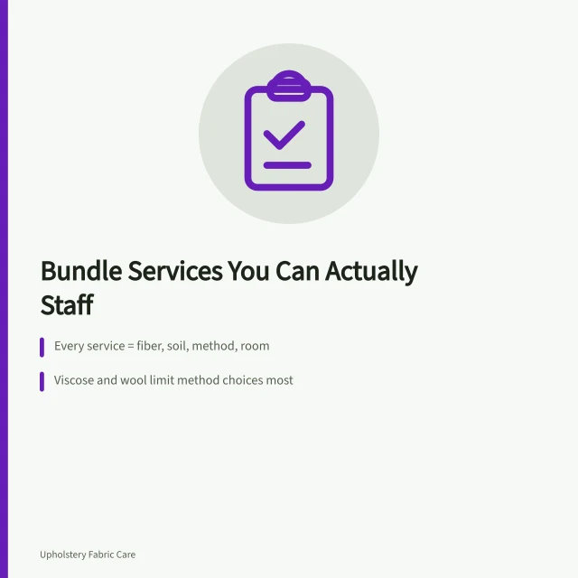 Card listing fiber, soil, method and room as the four facts of a cleaning service. How to bundle carpet cleaning services for first-year owners