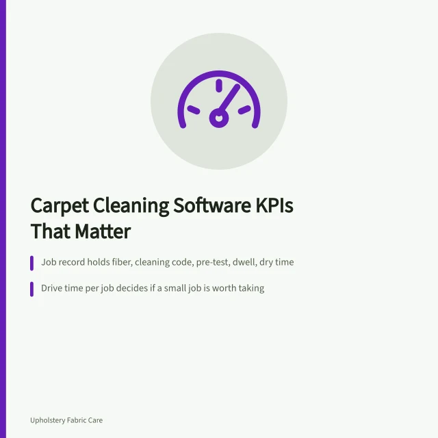 Card showing carpet cleaning software KPIs for route density and drive time. Carpet cleaning software and the KPIs it should report in 2027
