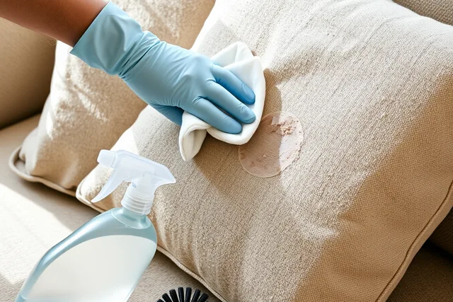 Hand with white cloth blotting water stain on beige microfiber couch cushion. How to Clean Water Stains Off a Microfiber Couch