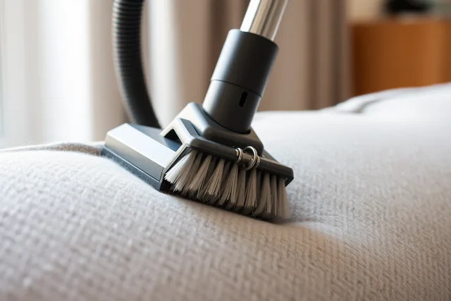 Vacuum brush attachment lifting grit from wool couch upholstery. How to Clean a Wool Couch Without Shrinking It (Canadian Guide)