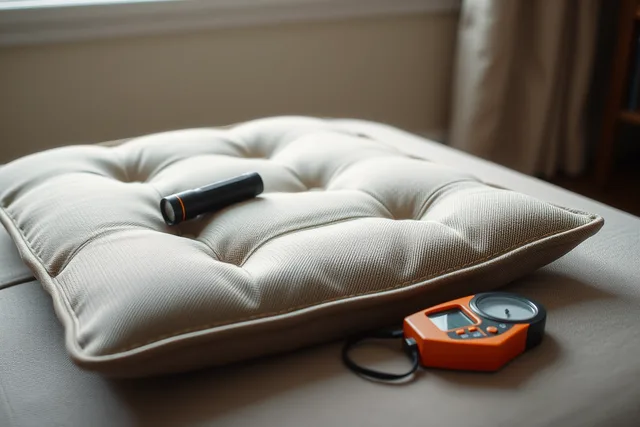 Hands pressing moisture meter into damp sofa cushion upholstery during inspection. Halifax humidity and how it wears upholstery fabric down