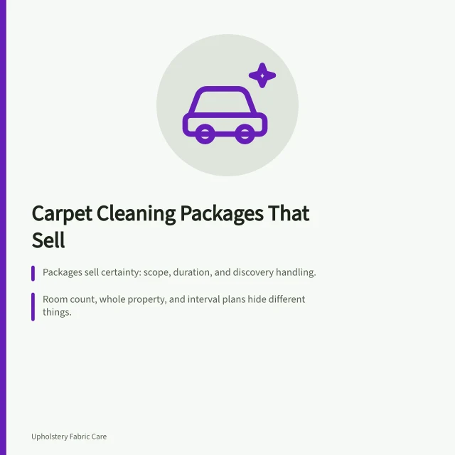 Card summarizing carpet cleaning package structures, rules, and wording. How to build carpet cleaning packages that stay easy to sell