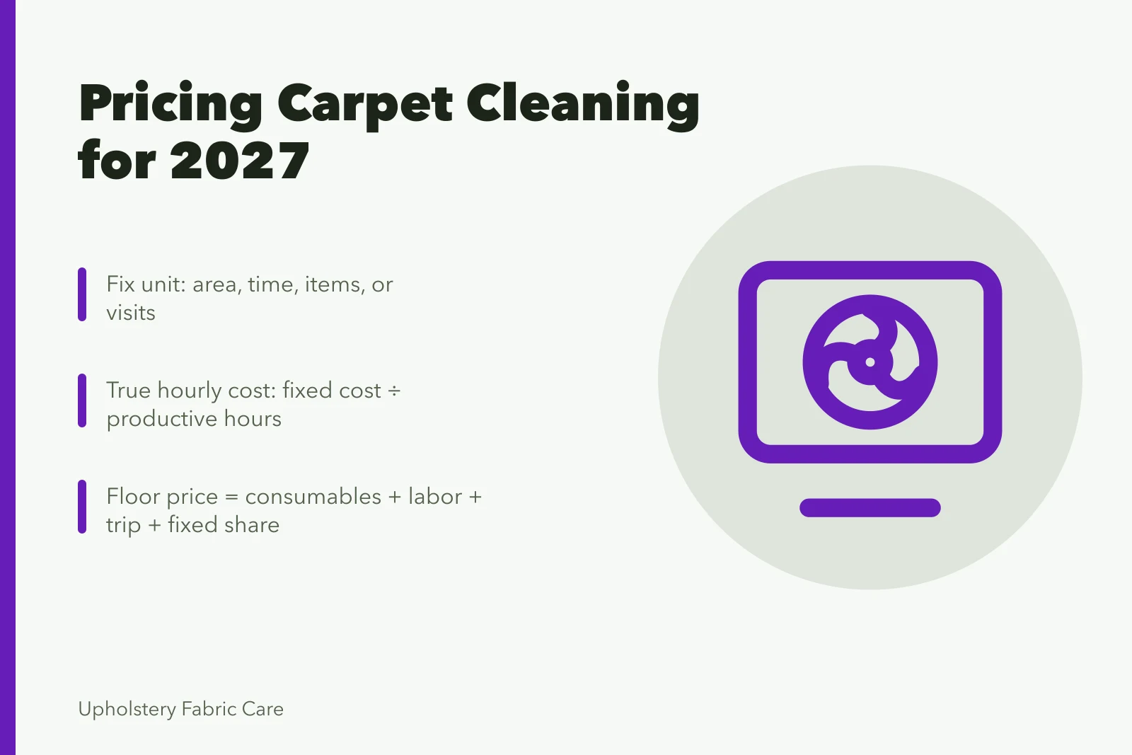 Card showing carpet cleaning pricing steps for 2027. Pricing carpet cleaning services so the margin survives in 2027