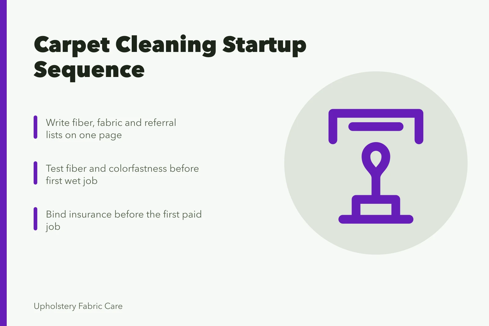 Card listing carpet cleaning startup steps in order. Which sequence gets a carpet cleaning operation open without stalling?