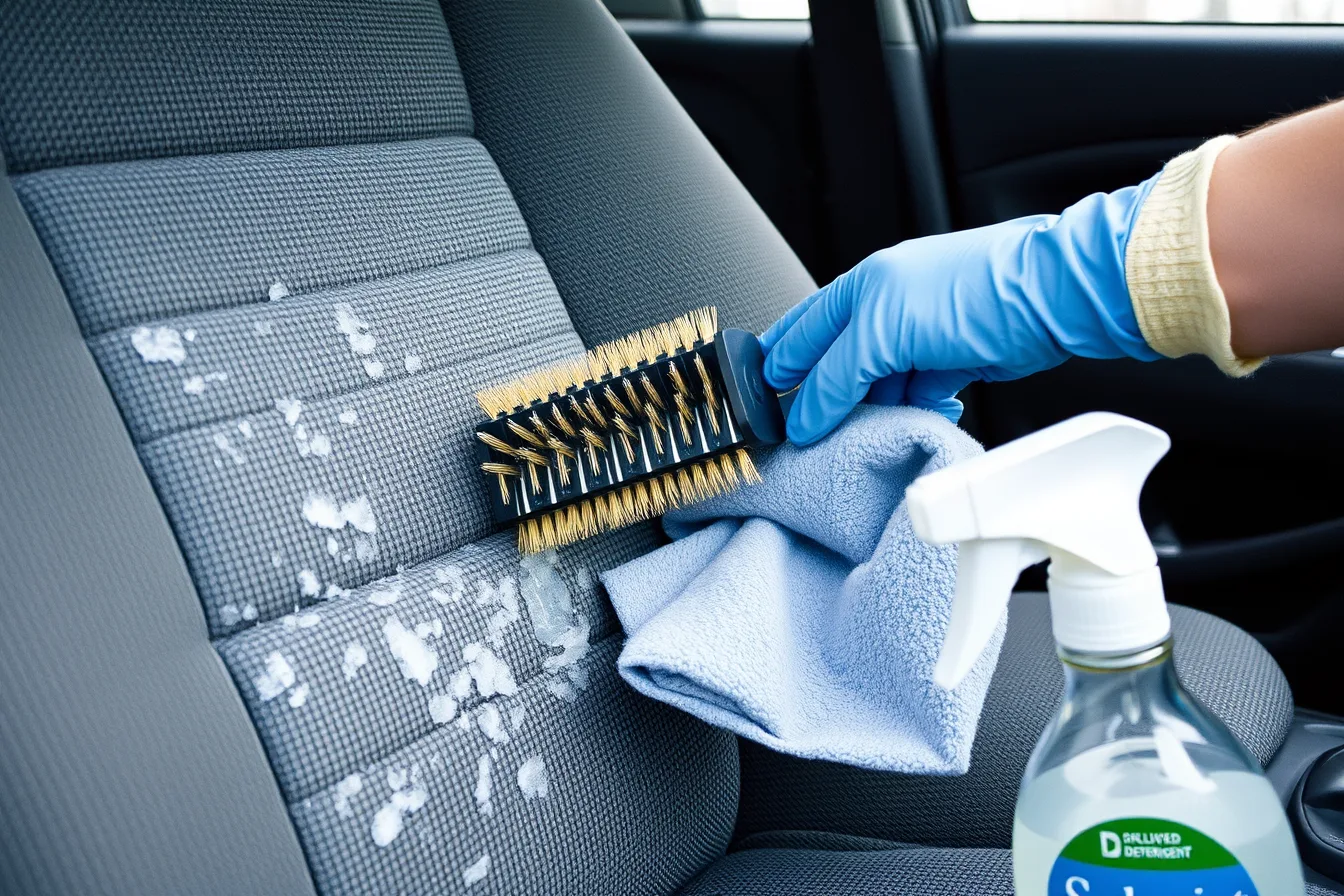 Soft brush and microfiber cloth cleaning salt crust from car seat fabric. How to Remove Salt Stains from Fabric Car Seats (Canadian Winter Guide)