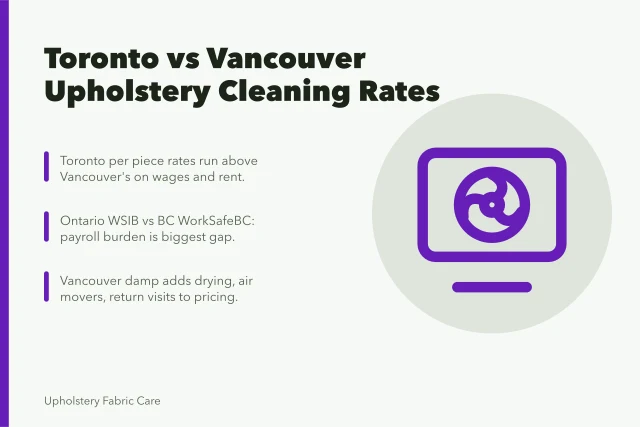 Comparison of Toronto and Vancouver upholstery cleaning rates and costs. Pricing upholstery cleaning in Toronto against Vancouver rates