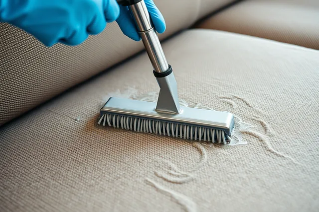 Steam cleaning wand extracting soil from an upholstered sofa cushion. What Upholstery Steam Cleaning Costs Per Room in 2027