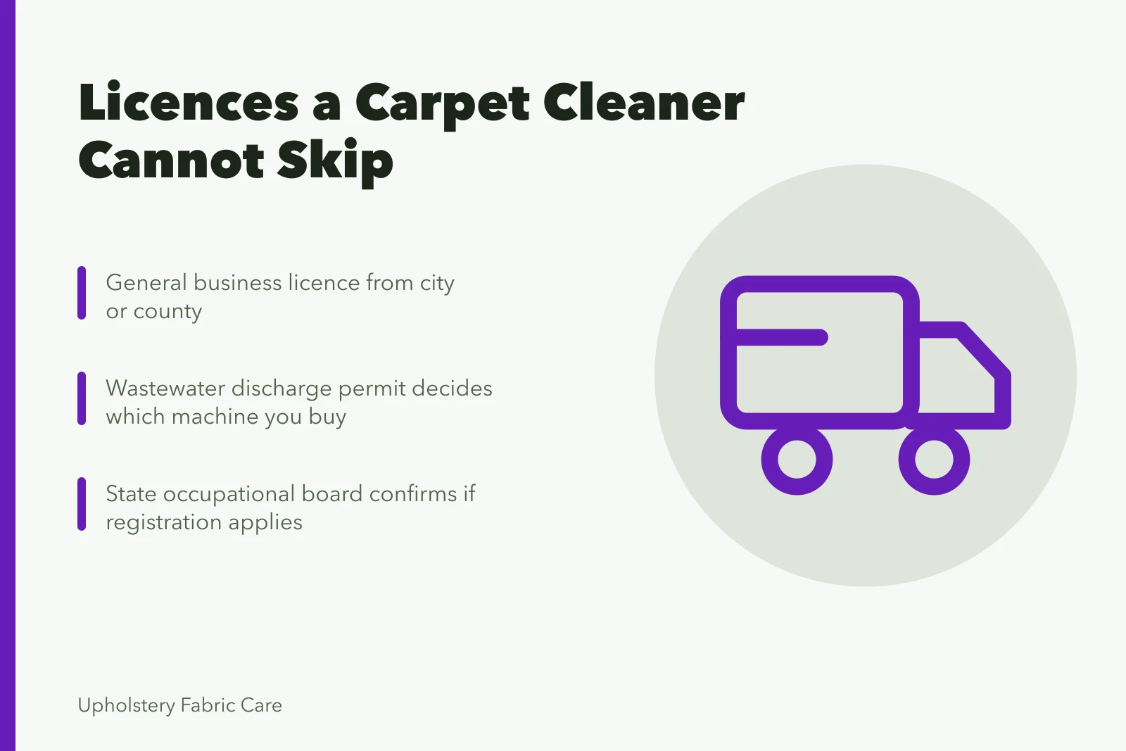 Card listing business licence, discharge permit and state registration for carpet cleaners. Which licences a carpet cleaning business cannot skip for owner-operators
