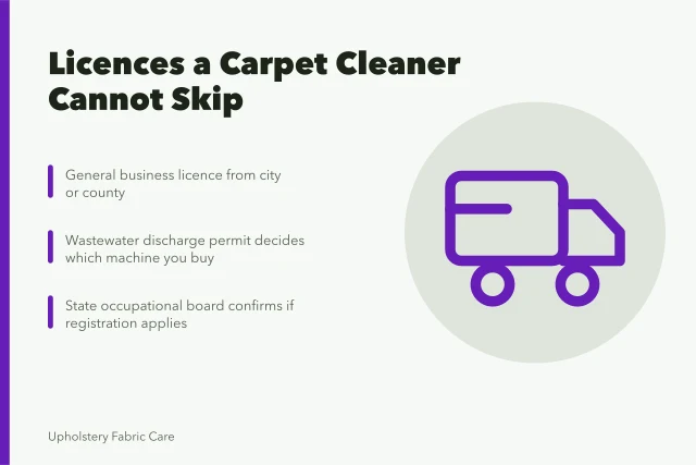 Card listing business licence, discharge permit and state registration for carpet cleaners. Which licences a carpet cleaning business cannot skip for owner-operators