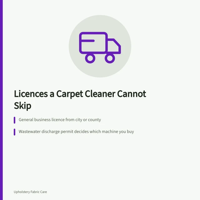 Card listing business licence, discharge permit and state registration for carpet cleaners. Which licences a carpet cleaning business cannot skip for owner-operators
