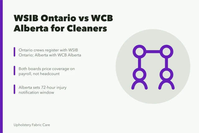 Comparison of WSIB Ontario and WCB Alberta coverage rules for carpet cleaning crews. WSIB Ontario and WCB Alberta compared for carpet cleaning staff