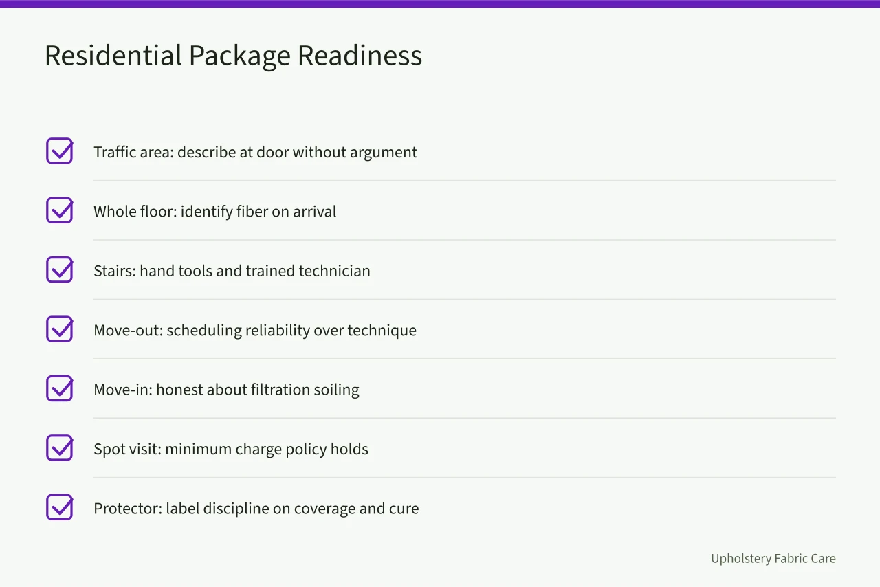 Checklist of readiness conditions for eight residential carpet cleaning packages (What to put in a carpet cleaning business package in 2027)