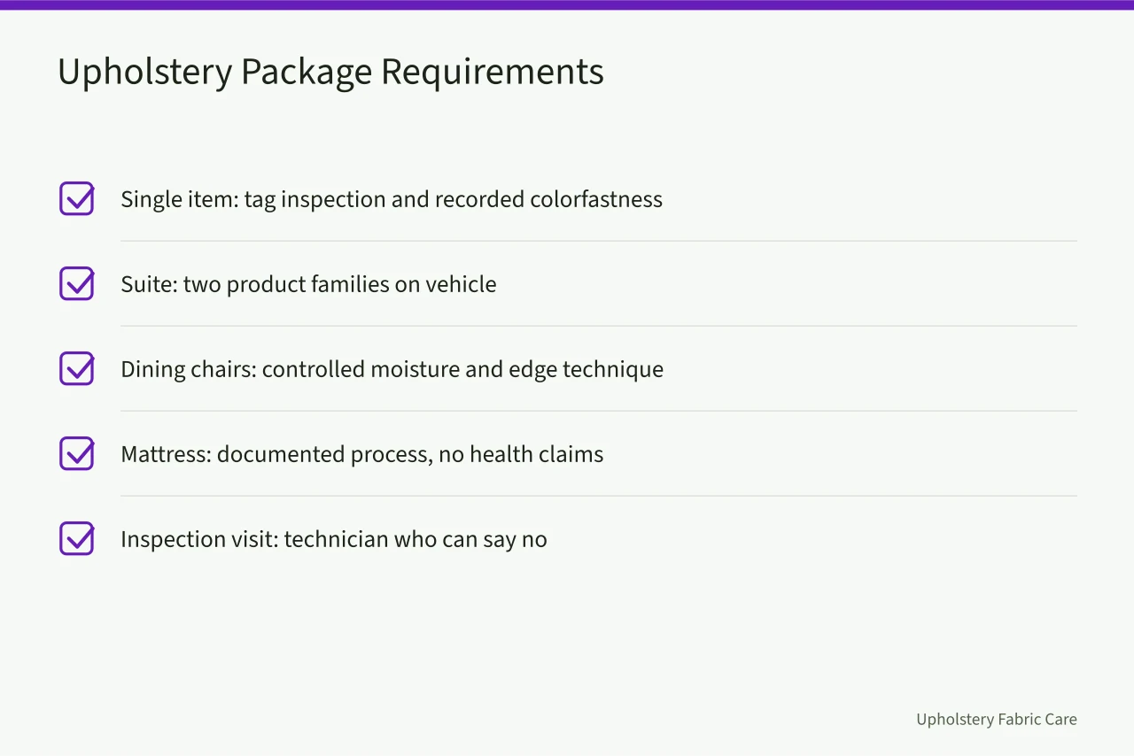 Checklist of requirements for five upholstery and fabric cleaning packages (What to put in a carpet cleaning business package in 2027)