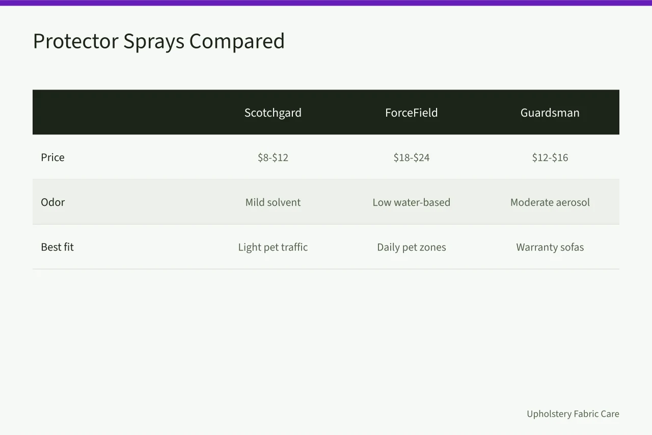 Comparison table of four upholstery protector sprays by price, odor, and best use (Best Upholstery Protector Sprays for Pet Owners)