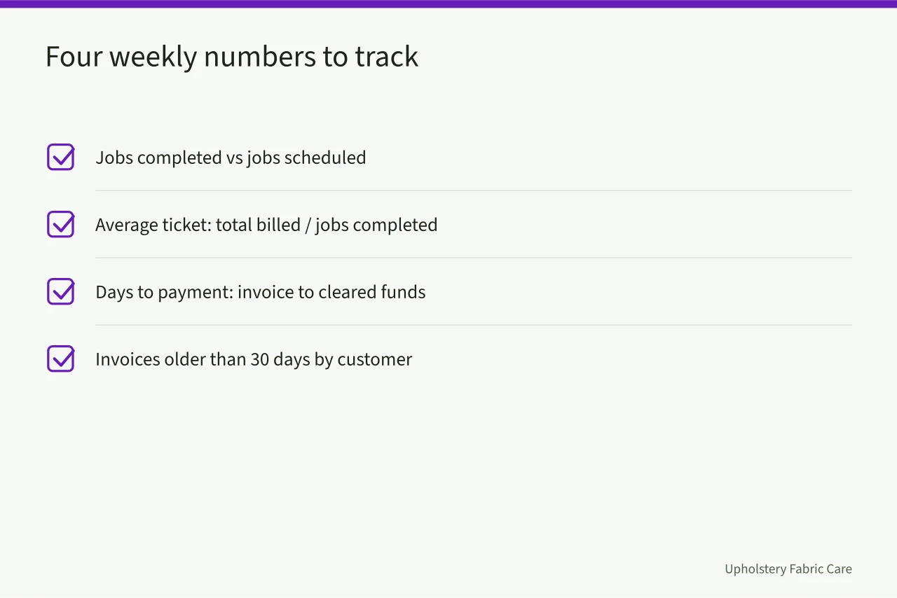 Checklist of four weekly cash flow numbers for carpet cleaning owners (Carpet cleaning cash flow basics for owners who hate spreadsheets, explained)