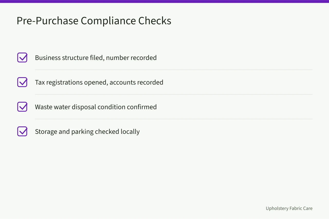 Checklist of four pre-purchase compliance items for carpet cleaning setup (Carpet cleaning sign-offs: the checks to close before your first job)