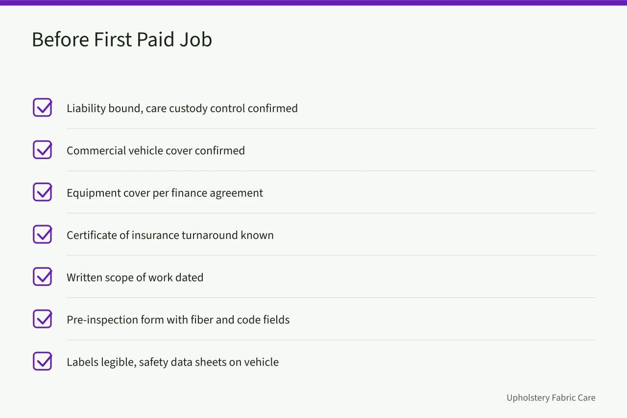 Checklist of nine insurance, scope, and safety items before first paid job (Carpet cleaning sign-offs: the checks to close before your first job)
