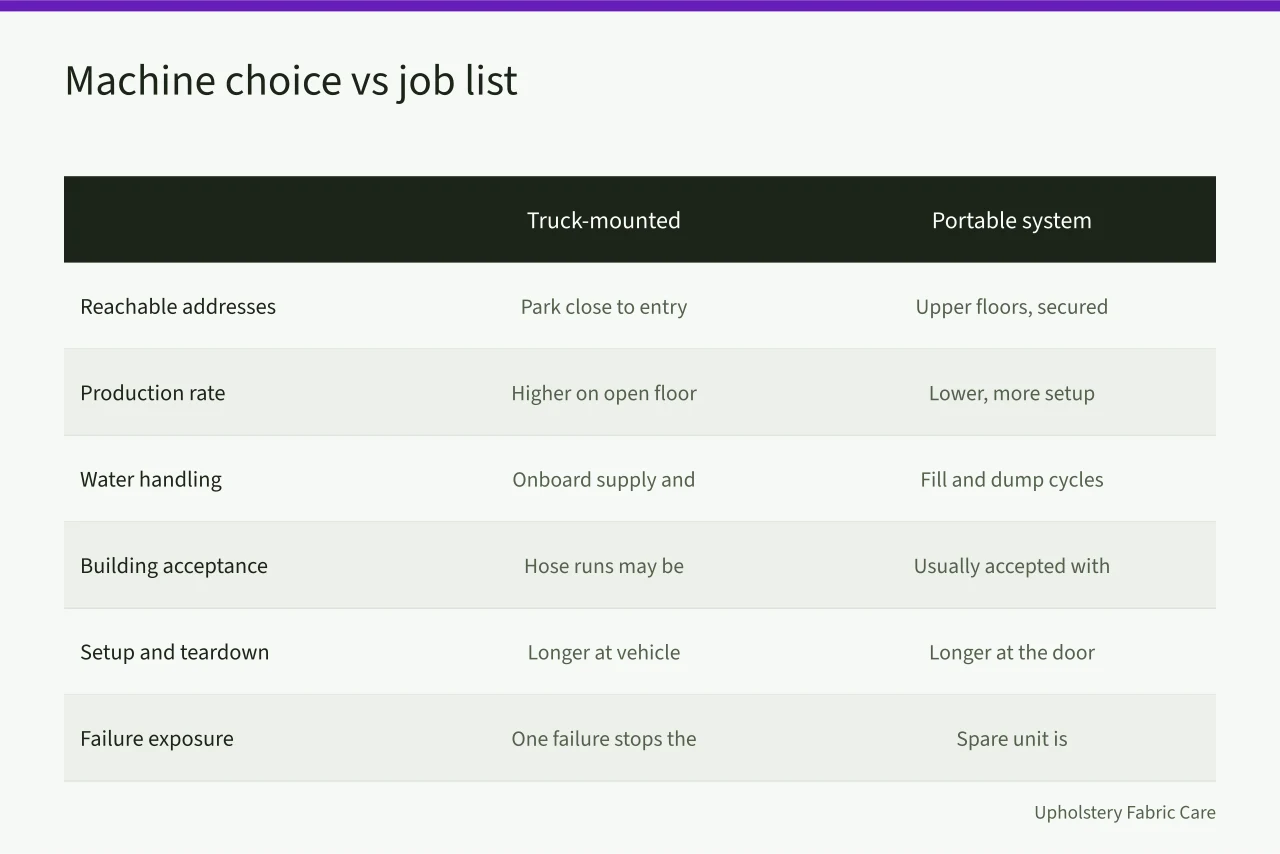Comparison table of truck-mounted and portable carpet cleaning systems (Carpet cleaning equipment, reviewed against real use)