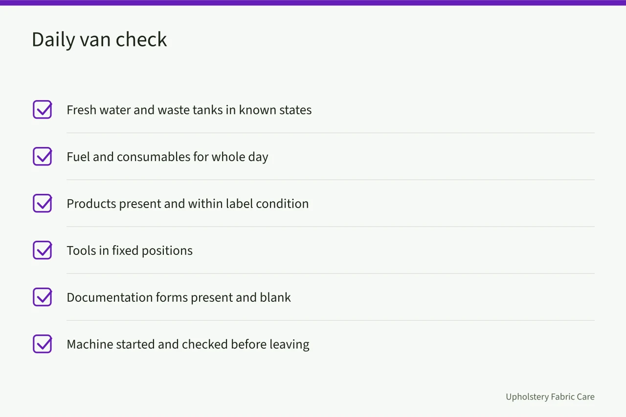 Daily van check checklist for carpet cleaning business (Kitting out a new carpet cleaning business)