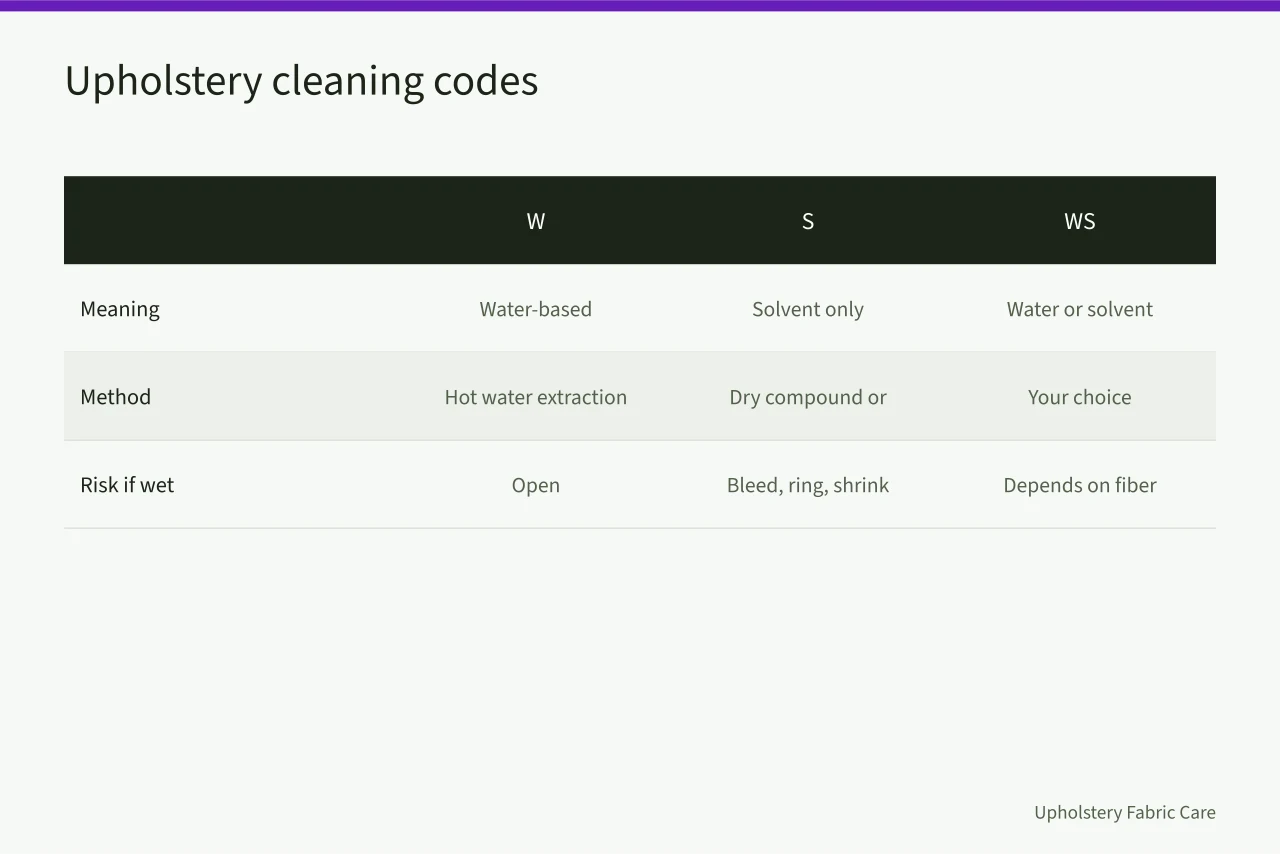 Table of W, S, WS, and X upholstery cleaning codes and allowed methods (3 parts of carpet cleaning expansion, explained)
