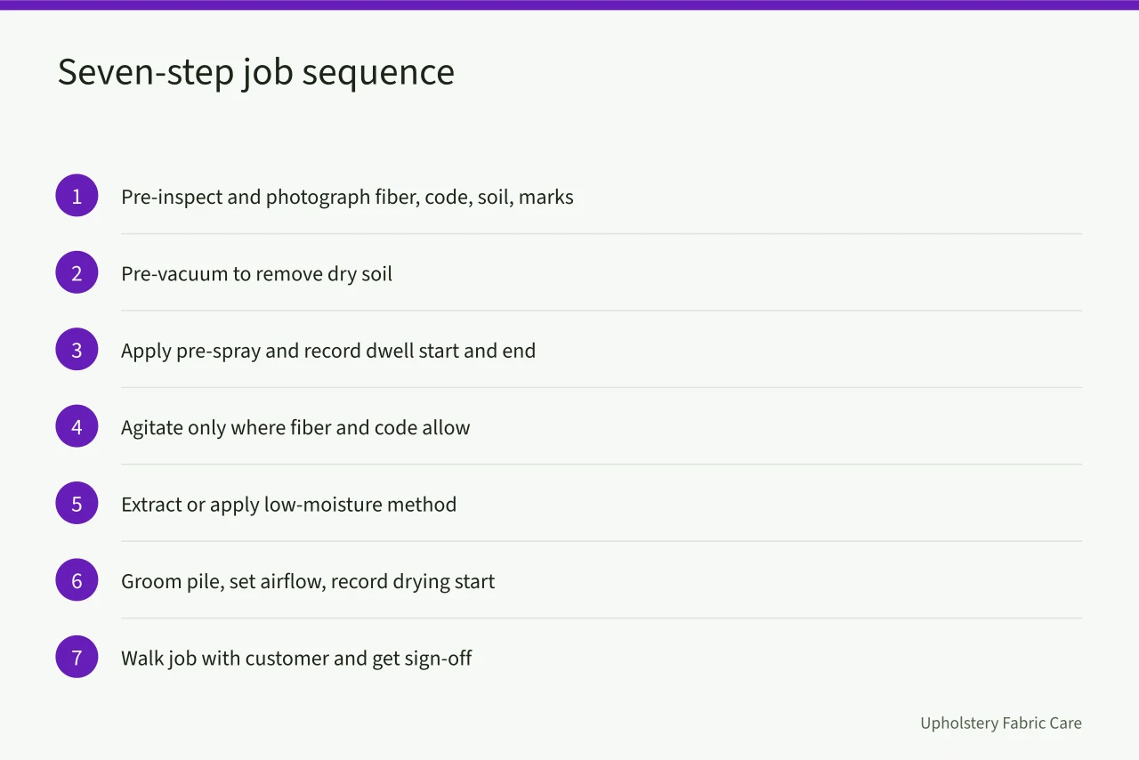 Numbered seven-step checklist for a carpet cleaning job from pre-inspection to sign-off (How work flows through a carpet cleaning business in 2027)