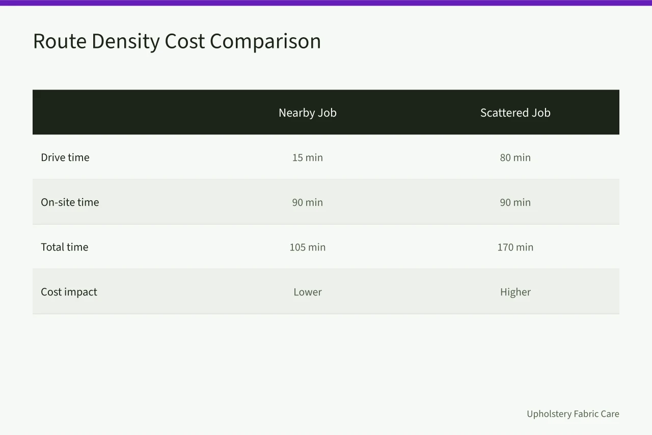 Comparison of nearby versus scattered job drive times and costs (The margin math behind a carpet cleaning business for new owners)