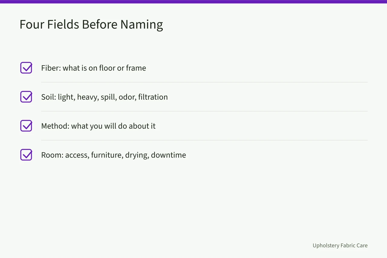 Checklist of four service fields: fiber, soil, method, room (How to bundle carpet cleaning services for first-year owners)