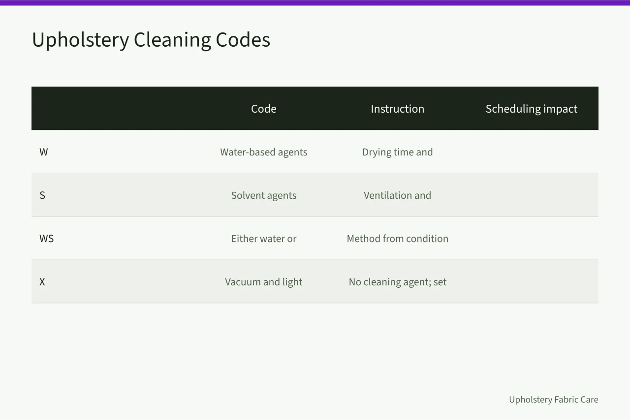 Table of W, S, WS, and X upholstery cleaning codes (How to bundle carpet cleaning services for first-year owners)