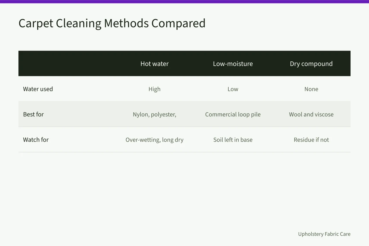 Comparison table of three carpet cleaning methods by water use, best fibers, and risks (Procedures that keep a carpet cleaning business consistent every day, explained)