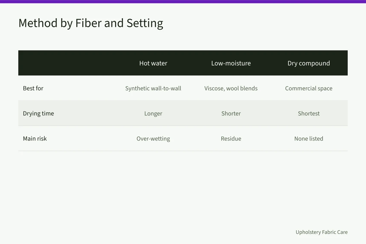 Comparison of hot water extraction, encapsulation, and dry compound methods by fiber (What is changing in carpet cleaning demand for 2027)