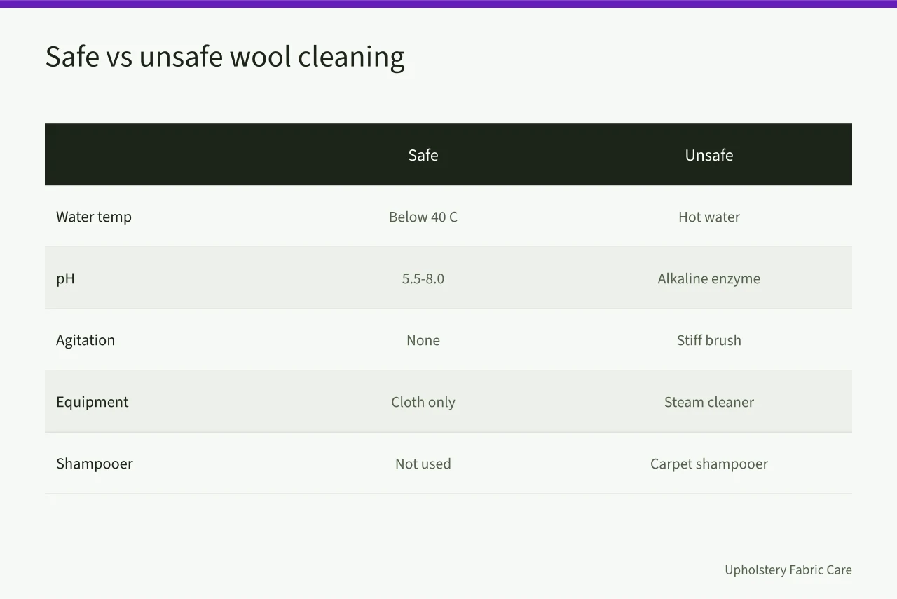 Comparison chart of safe and unsafe wool cleaning conditions (How to Clean a Wool Couch Without Shrinking It (Canadian Guide))