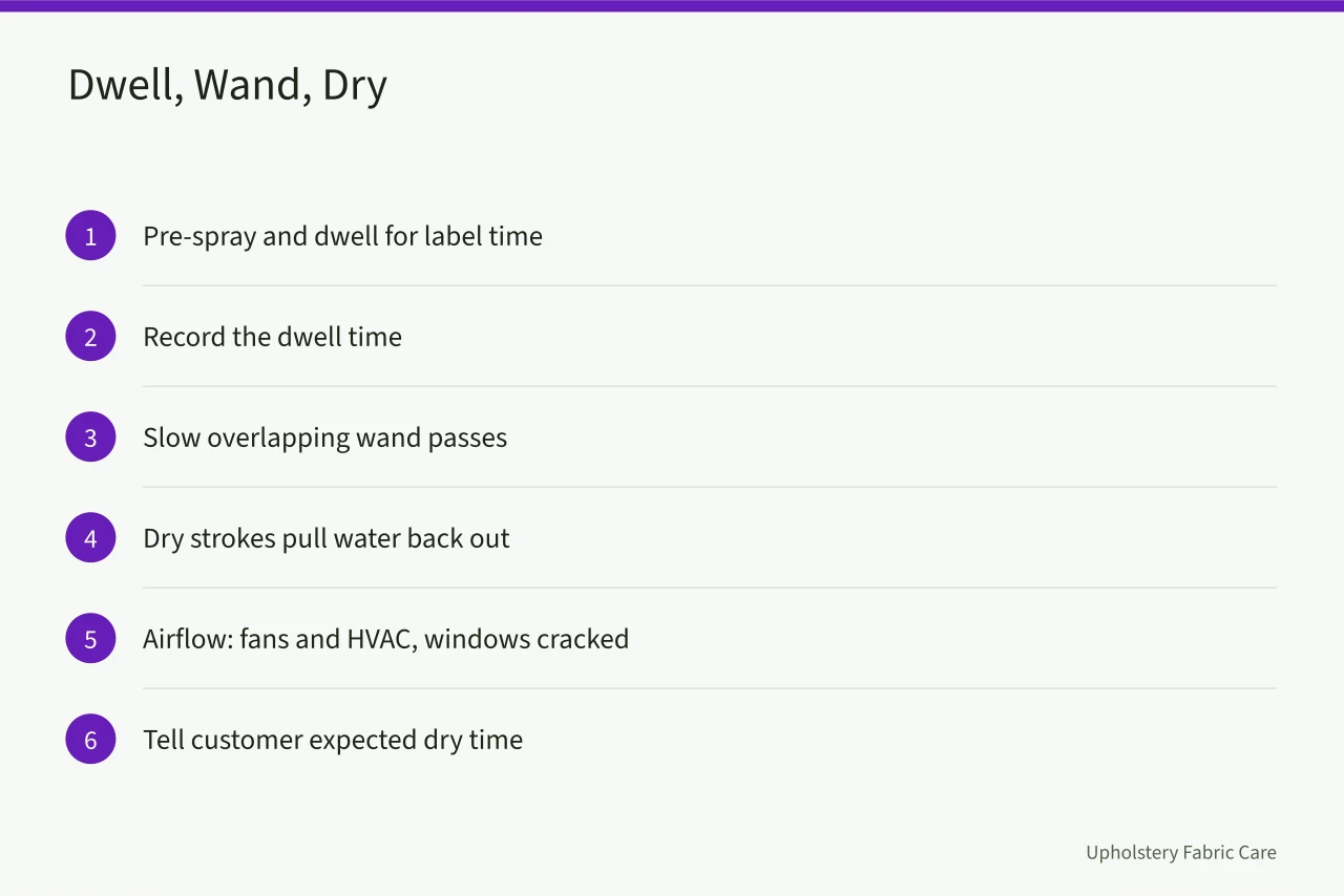 Steps for pre-spray dwell, wand technique, and drying (How to be the carpet cleaning business people recommend for new owners)