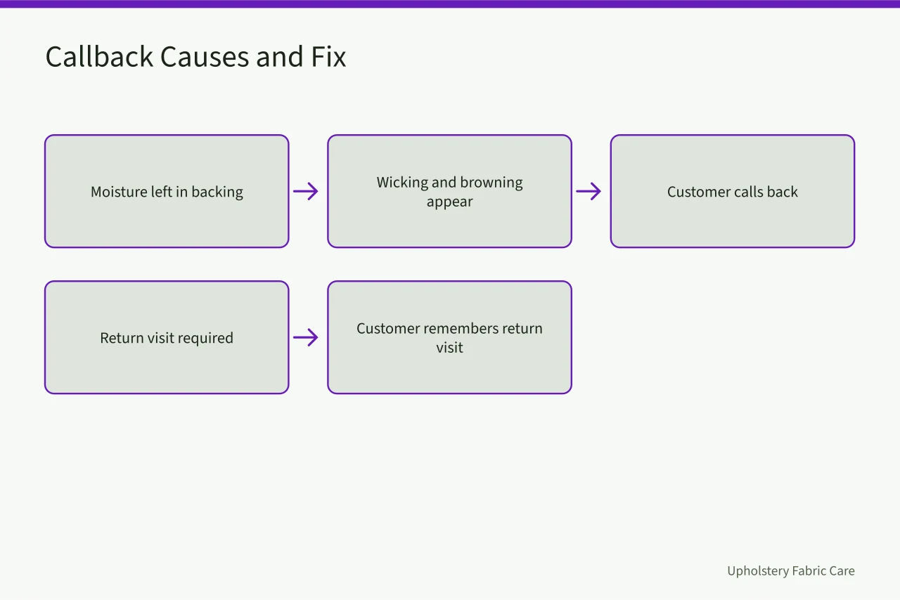 Flow diagram from moisture in backing to callback (How to be the carpet cleaning business people recommend for new owners)