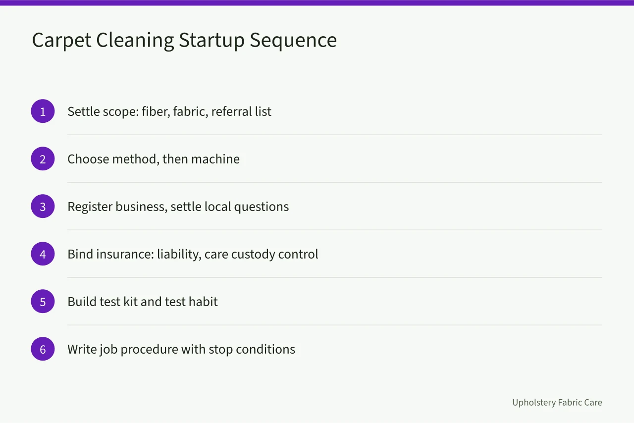 Six-step carpet cleaning startup sequence from scope to job procedure (Which sequence gets a carpet cleaning operation open without stalling?)