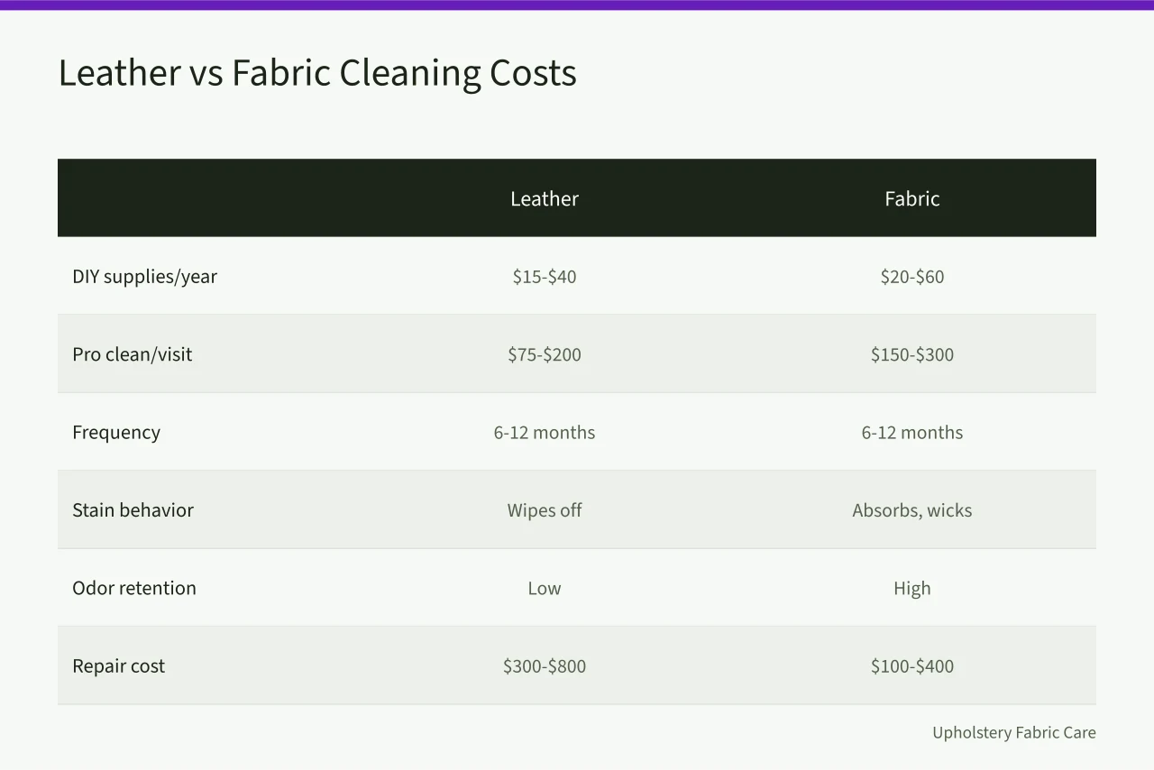 Comparison table of leather and fabric couch cleaning costs and traits (Leather vs Fabric Couch Cleaning: Which Costs Less Over Time?)